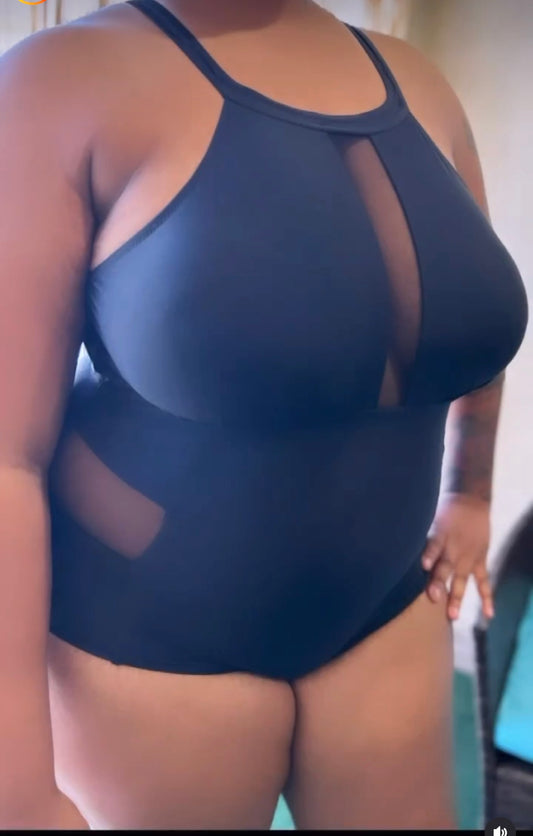 One Piece Lace Back Out Black Plus Size